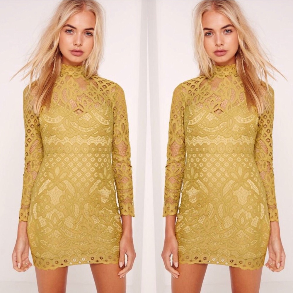 Missguided Lace Yellow/Green Embellished Dress